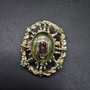 Vintage  Our Lady of Guadalupe Brooch Green Rhinestone Gold Tone
